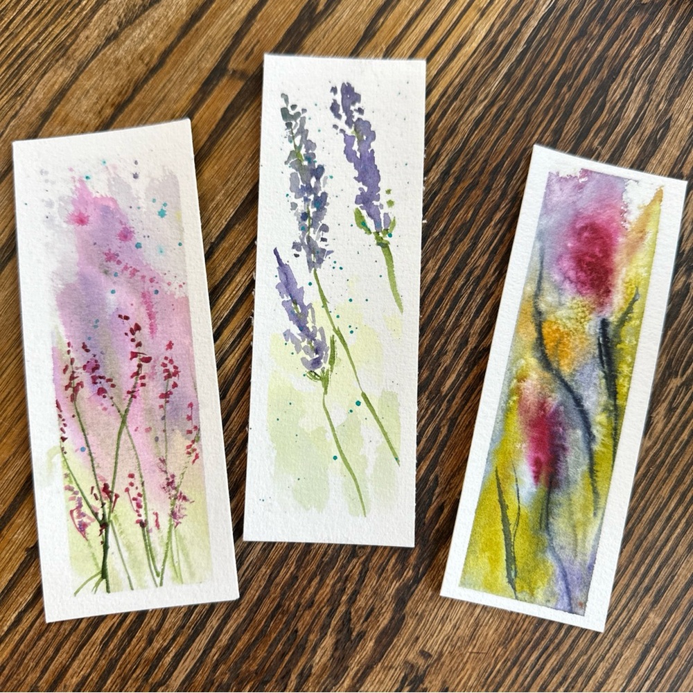 Hand-Painted Watercolor Floral Bookmark Set - Lavender, Pink, Yellow